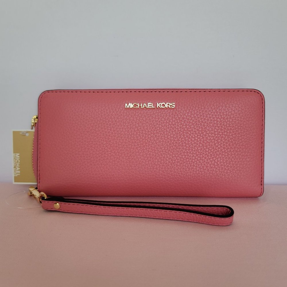 MICHAEL KORS Jet Set Travel Continental Pebbled Leather Wallet-Tea Rose 🎈⭐$138.